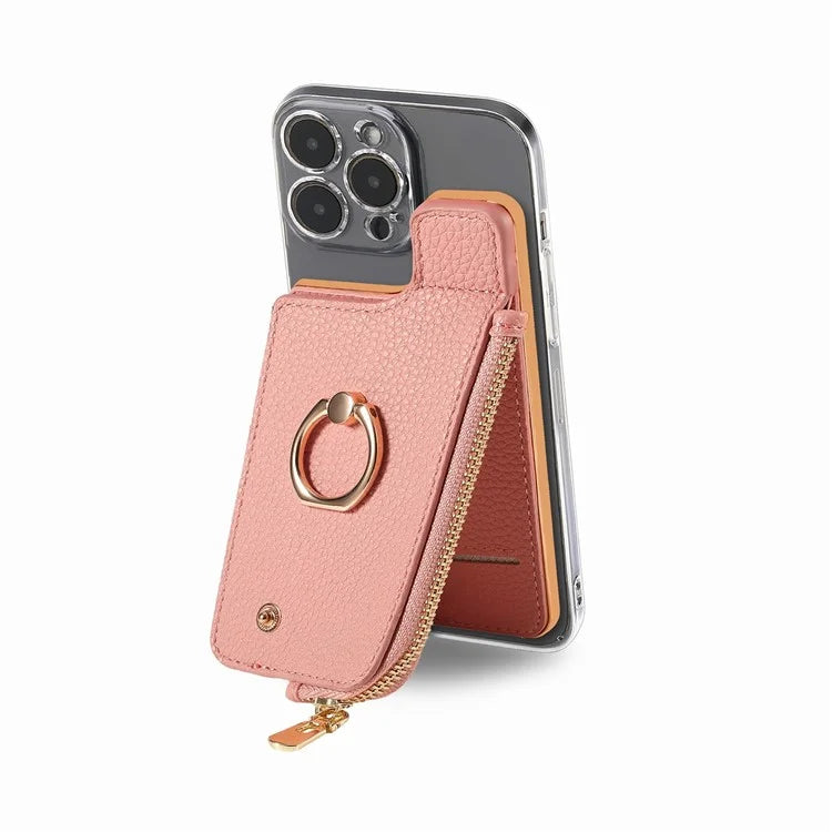 RFID Blocking Phone Card Bag Zipper Wallet Litchi Texture Leather Ring Card Holder
