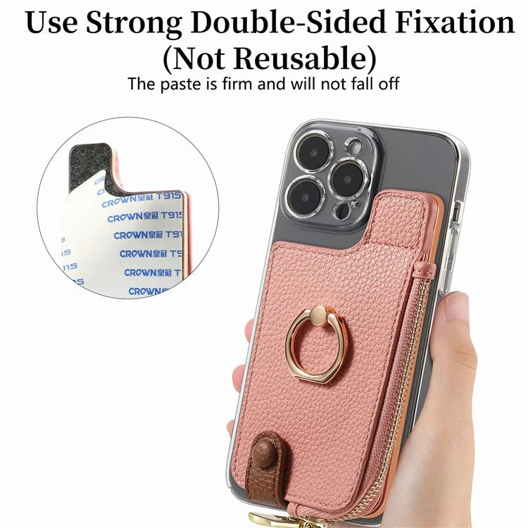 RFID Blocking Phone Card Bag Zipper Wallet Litchi Texture Leather Ring Card Holder