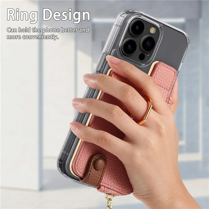RFID Blocking Phone Card Bag Zipper Wallet Litchi Texture Leather Ring Card Holder