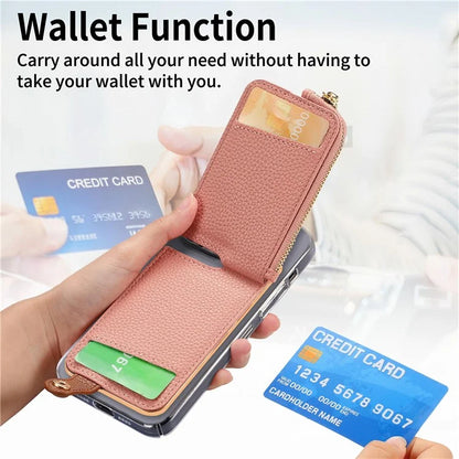 RFID Blocking Phone Card Bag Zipper Wallet Litchi Texture Leather Ring Card Holder