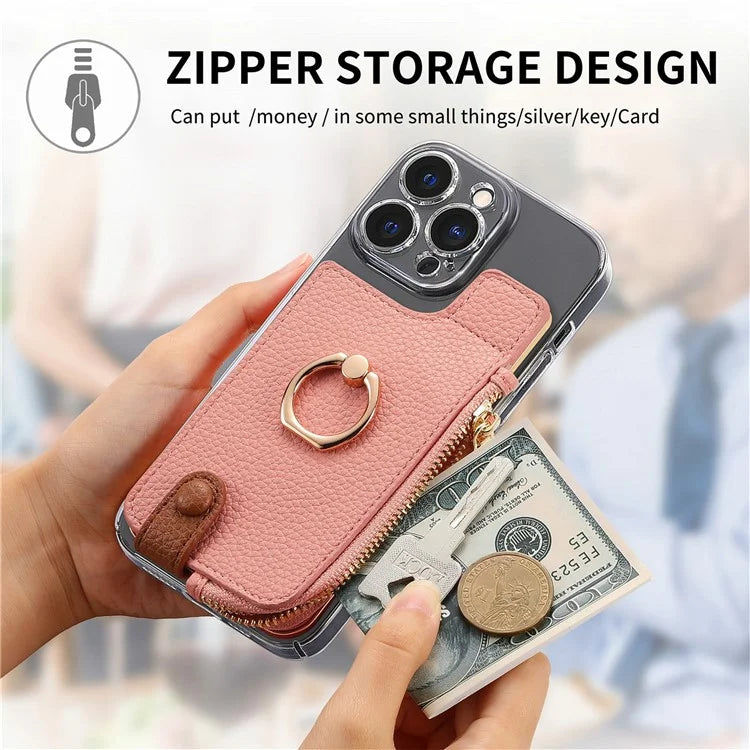 RFID Blocking Phone Card Bag Zipper Wallet Litchi Texture Leather Ring Card Holder