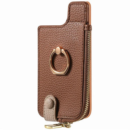 RFID Blocking Phone Card Bag Zipper Wallet Litchi Texture Leather Ring Card Holder