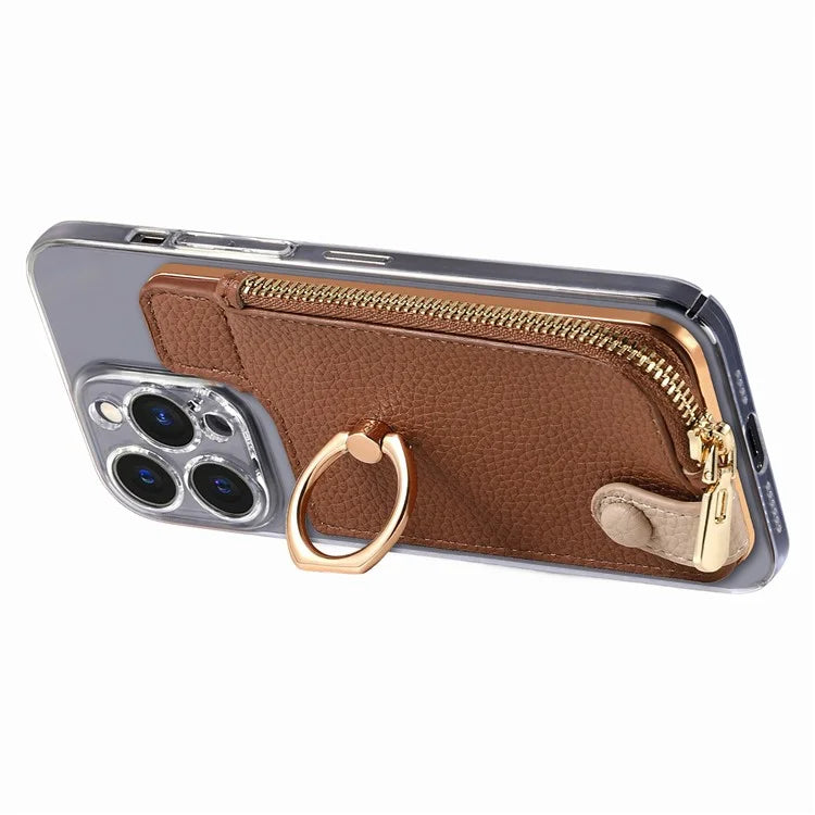 RFID Blocking Phone Card Bag Zipper Wallet Litchi Texture Leather Ring Card Holder
