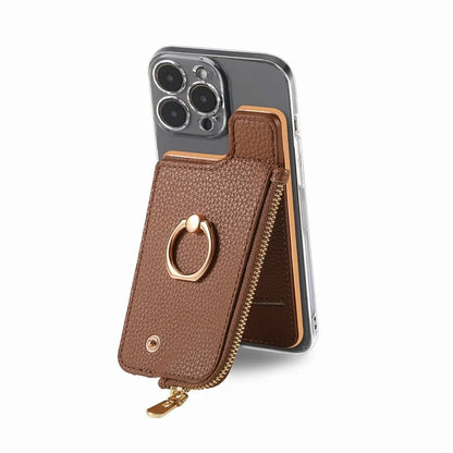 RFID Blocking Phone Card Bag Zipper Wallet Litchi Texture Leather Ring Card Holder