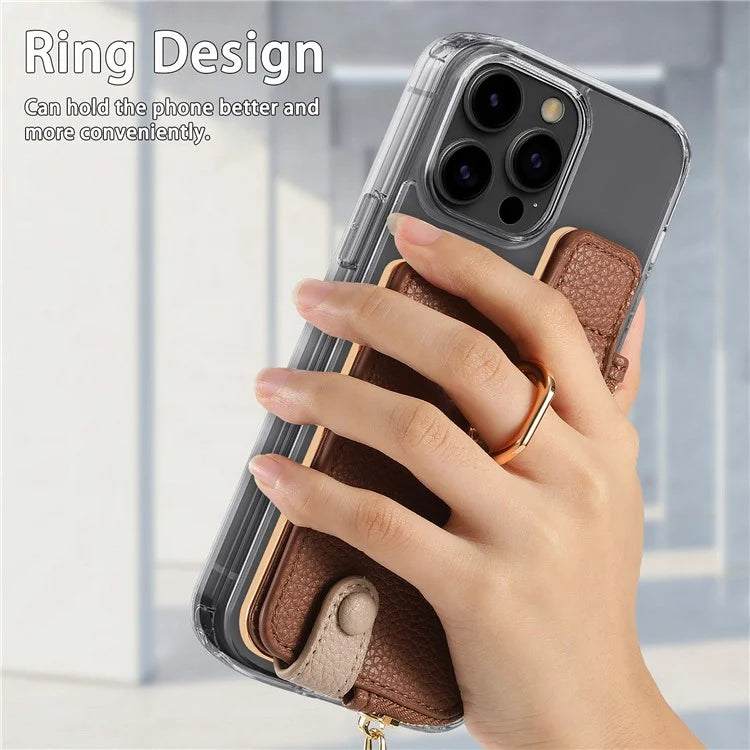 RFID Blocking Phone Card Bag Zipper Wallet Litchi Texture Leather Ring Card Holder