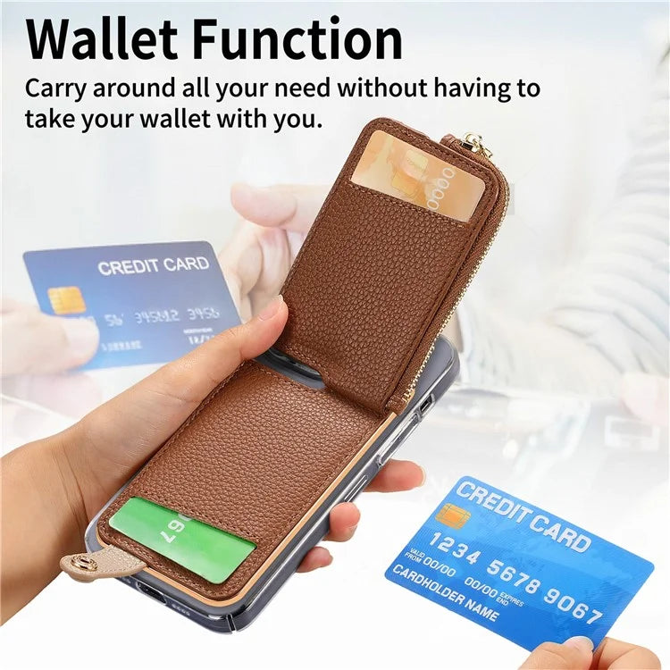 RFID Blocking Phone Card Bag Zipper Wallet Litchi Texture Leather Ring Card Holder