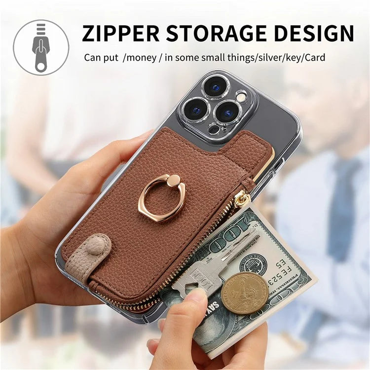 RFID Blocking Phone Card Bag Zipper Wallet Litchi Texture Leather Ring Card Holder