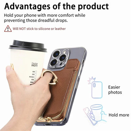 RFID Blocking Phone Card Bag Zipper Wallet Litchi Texture Leather Ring Card Holder