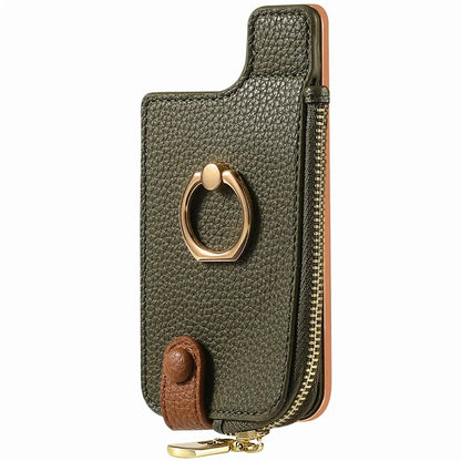 RFID Blocking Phone Card Bag Zipper Wallet Litchi Texture Leather Ring Card Holder