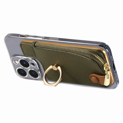 RFID Blocking Phone Card Bag Zipper Wallet Litchi Texture Leather Ring Card Holder