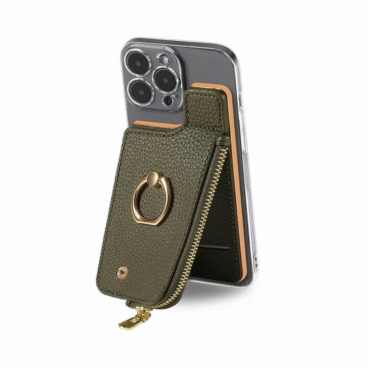RFID Blocking Phone Card Bag Zipper Wallet Litchi Texture Leather Ring Card Holder
