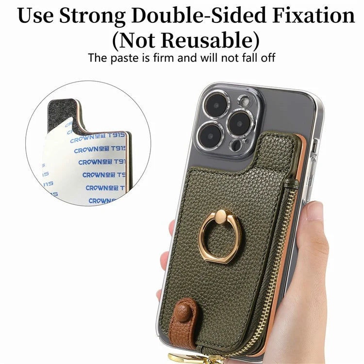 RFID Blocking Phone Card Bag Zipper Wallet Litchi Texture Leather Ring Card Holder