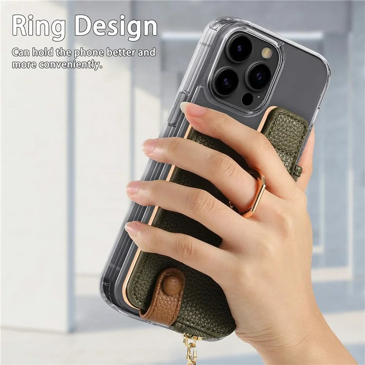 RFID Blocking Phone Card Bag Zipper Wallet Litchi Texture Leather Ring Card Holder