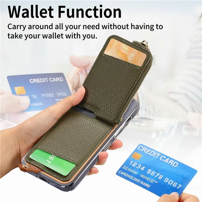 RFID Blocking Phone Card Bag Zipper Wallet Litchi Texture Leather Ring Card Holder