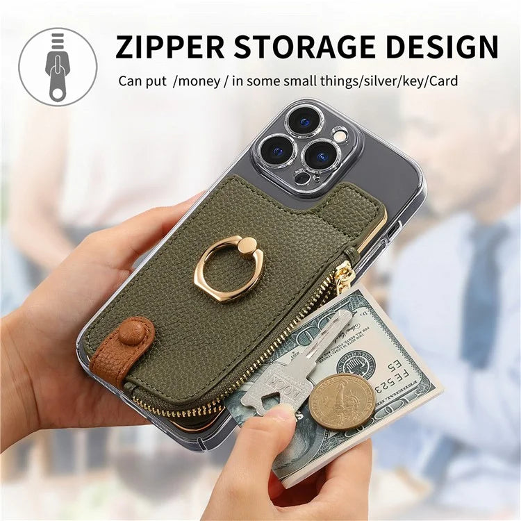 RFID Blocking Phone Card Bag Zipper Wallet Litchi Texture Leather Ring Card Holder