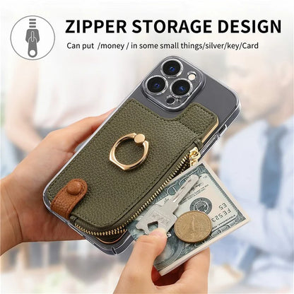RFID Blocking Phone Card Bag Zipper Wallet Litchi Texture Leather Ring Card Holder