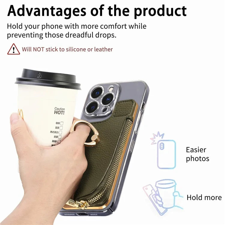 RFID Blocking Phone Card Bag Zipper Wallet Litchi Texture Leather Ring Card Holder