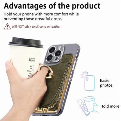 RFID Blocking Phone Card Bag Zipper Wallet Litchi Texture Leather Ring Card Holder