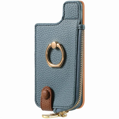 RFID Blocking Phone Card Bag Zipper Wallet Litchi Texture Leather Ring Card Holder