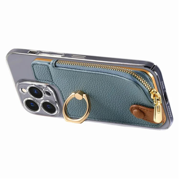RFID Blocking Phone Card Bag Zipper Wallet Litchi Texture Leather Ring Card Holder