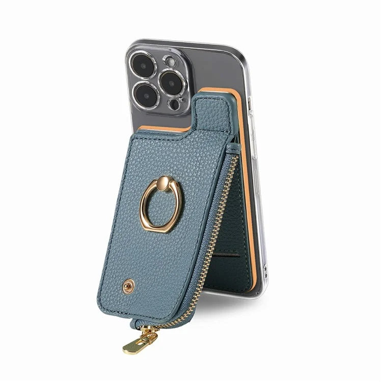 RFID Blocking Phone Card Bag Zipper Wallet Litchi Texture Leather Ring Card Holder