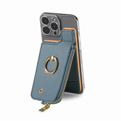 RFID Blocking Phone Card Bag Zipper Wallet Litchi Texture Leather Ring Card Holder