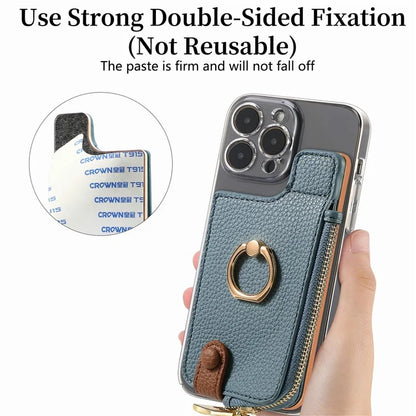 RFID Blocking Phone Card Bag Zipper Wallet Litchi Texture Leather Ring Card Holder