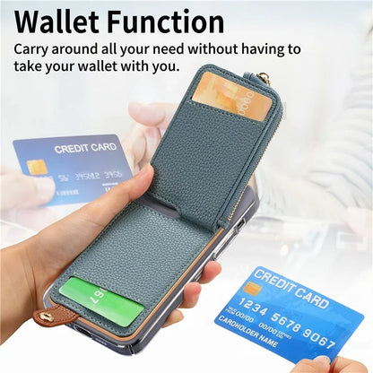 RFID Blocking Phone Card Bag Zipper Wallet Litchi Texture Leather Ring Card Holder