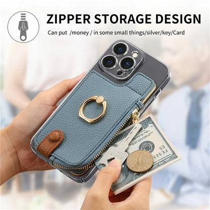 RFID Blocking Phone Card Bag Zipper Wallet Litchi Texture Leather Ring Card Holder