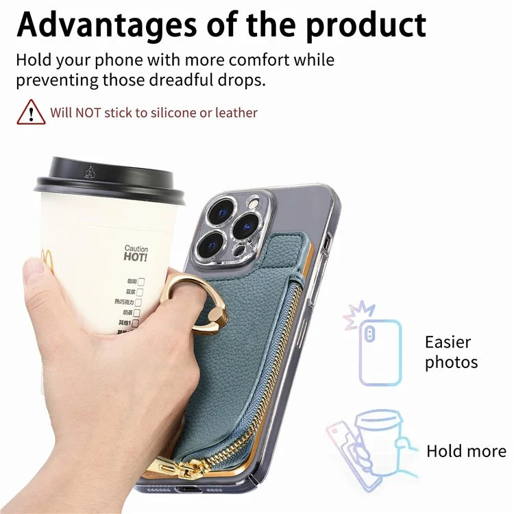 RFID Blocking Phone Card Bag Zipper Wallet Litchi Texture Leather Ring Card Holder
