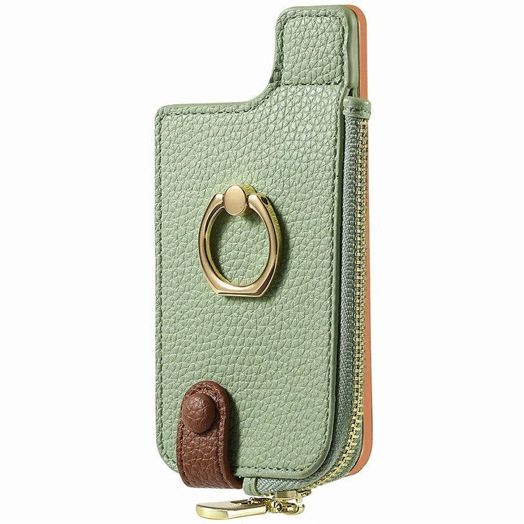 RFID Blocking Phone Card Bag Zipper Wallet Litchi Texture Leather Ring Card Holder