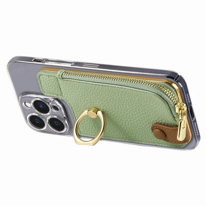 RFID Blocking Phone Card Bag Zipper Wallet Litchi Texture Leather Ring Card Holder