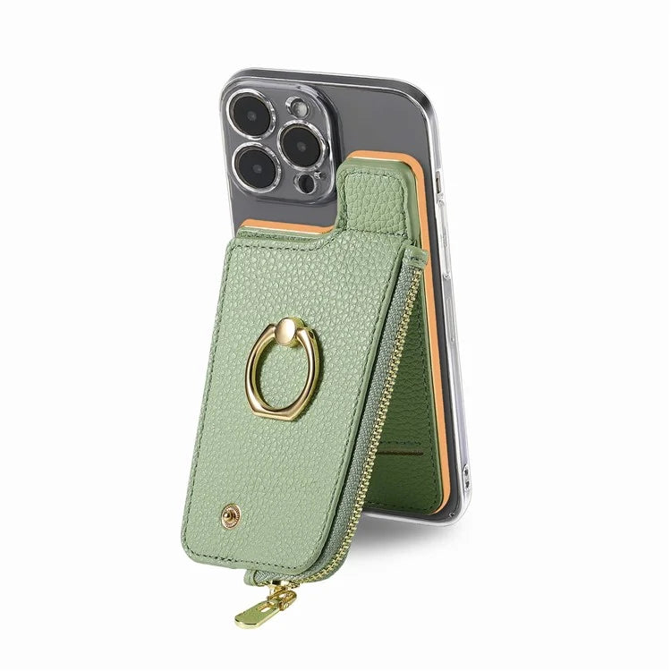 RFID Blocking Phone Card Bag Zipper Wallet Litchi Texture Leather Ring Card Holder