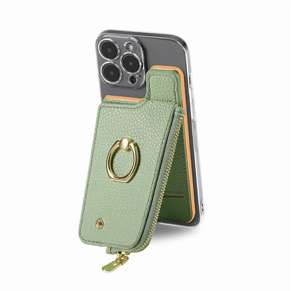 RFID Blocking Phone Card Bag Zipper Wallet Litchi Texture Leather Ring Card Holder