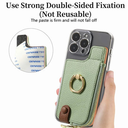 RFID Blocking Phone Card Bag Zipper Wallet Litchi Texture Leather Ring Card Holder