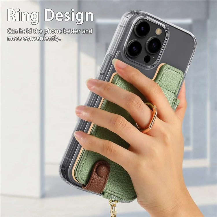 RFID Blocking Phone Card Bag Zipper Wallet Litchi Texture Leather Ring Card Holder