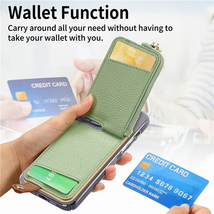 RFID Blocking Phone Card Bag Zipper Wallet Litchi Texture Leather Ring Card Holder