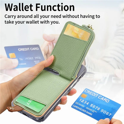 RFID Blocking Phone Card Bag Zipper Wallet Litchi Texture Leather Ring Card Holder
