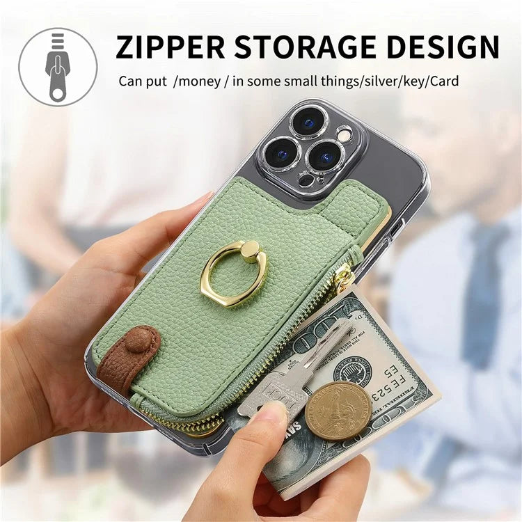 RFID Blocking Phone Card Bag Zipper Wallet Litchi Texture Leather Ring Card Holder