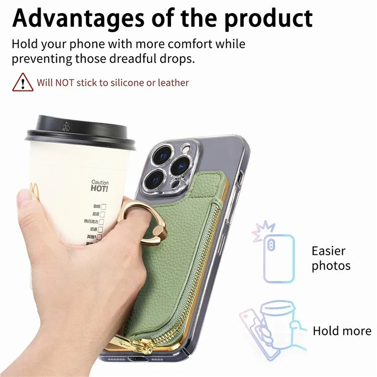 RFID Blocking Phone Card Bag Zipper Wallet Litchi Texture Leather Ring Card Holder