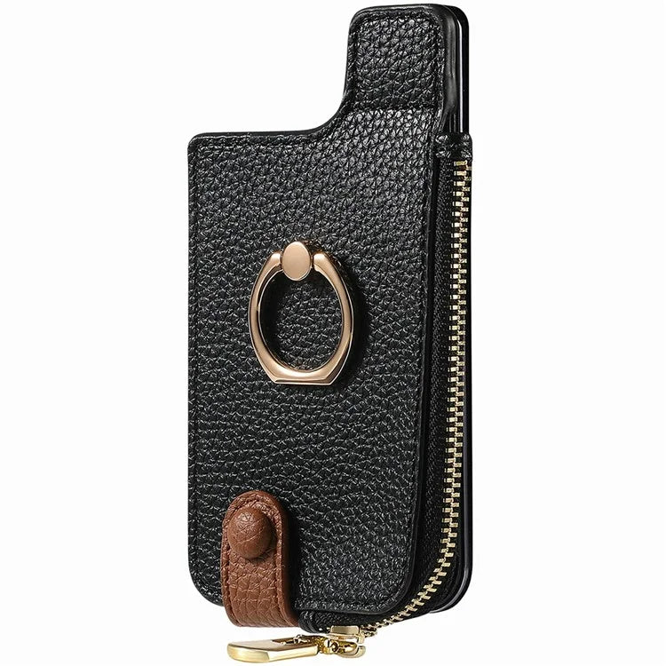 RFID Blocking Phone Card Bag Zipper Wallet Litchi Texture Leather Ring Card Holder