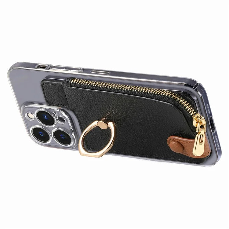 RFID Blocking Phone Card Bag Zipper Wallet Litchi Texture Leather Ring Card Holder