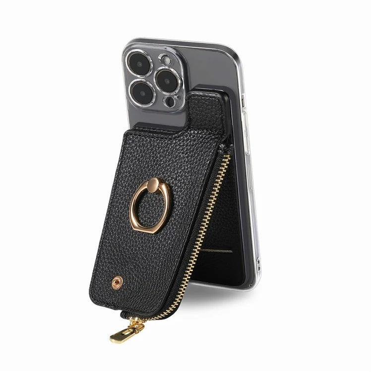 RFID Blocking Phone Card Bag Zipper Wallet Litchi Texture Leather Ring Card Holder