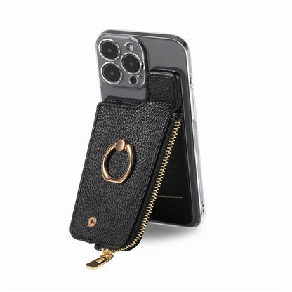 RFID Blocking Phone Card Bag Zipper Wallet Litchi Texture Leather Ring Card Holder