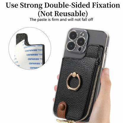 RFID Blocking Phone Card Bag Zipper Wallet Litchi Texture Leather Ring Card Holder