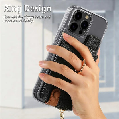 RFID Blocking Phone Card Bag Zipper Wallet Litchi Texture Leather Ring Card Holder