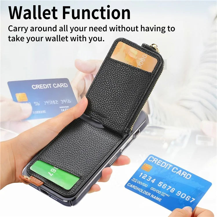 RFID Blocking Phone Card Bag Zipper Wallet Litchi Texture Leather Ring Card Holder