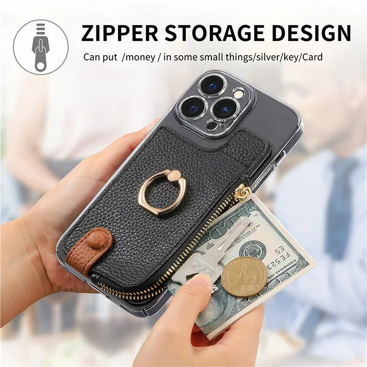 RFID Blocking Phone Card Bag Zipper Wallet Litchi Texture Leather Ring Card Holder
