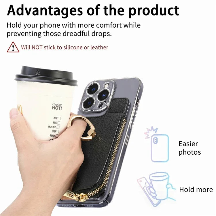 RFID Blocking Phone Card Bag Zipper Wallet Litchi Texture Leather Ring Card Holder