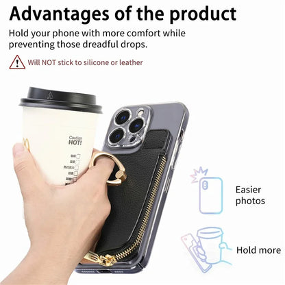 RFID Blocking Phone Card Bag Zipper Wallet Litchi Texture Leather Ring Card Holder
